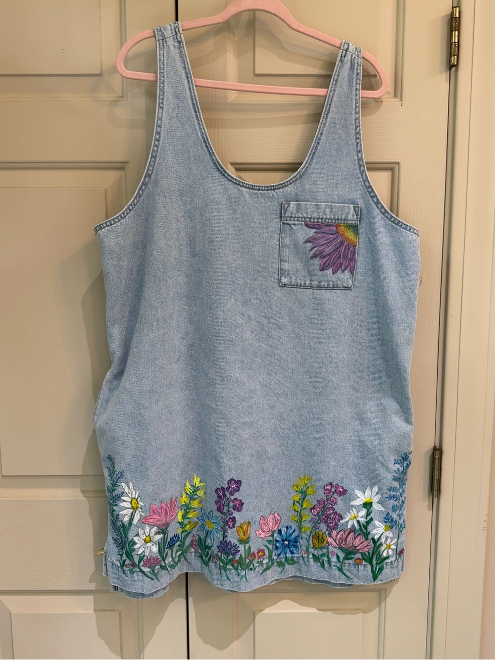 Hand Painted UPCYCLED Denim Tank Dress with Floral Painted Boarder